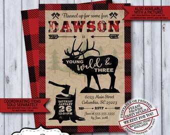 Young Wild Three Lumberjack 3rd Birthday Invitation | Rustic Woodland Plaid Flannel Third Birthday Invite for a Boy | Printable or Printed