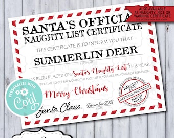 Santa Claus Official Naughty List Certificate, Personalized Santa Mail Corjl Template, Editable Digital Printable Naughty Nice List Warning