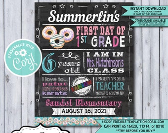 Back to School Sign Editable Template | Donuts First Day of 1st Grade Printable Chalkboard Poster | Corjl Instant Download Template