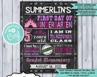 Back to School Sign Editable Template | Princess First Day of Kindergarten Printable Chalkboard Poster | Corjl Instant Download Template