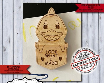 Wooden Shark Child Artwork Magnet | Personalized Kids Fridge Art Magnet | Laser Engraved Look What I Made School Display Magnet Gift
