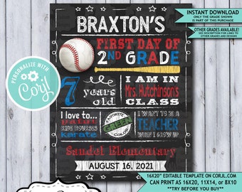 Back to School Sign Editable Template | Baseball First Day 2nd Grade Printable Chalkboard Poster | Corjl Instant Download Template | Second
