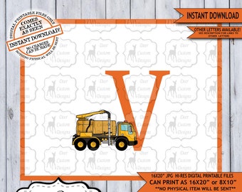 Letter V Print, Construction Vehicles Alphabet Printable Nursery Art Decor, Boys Monogram, Boy Name Baby Shower Gift, Instant Download