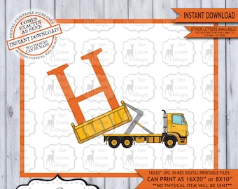 Letter H  Print, Construction Vehicles Alphabet Printable Nursery Art Decor, Boys Monogram, Boy Name Baby Shower Gift, Instant Download