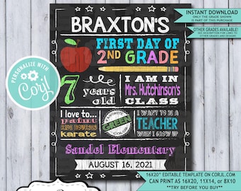 Back to School Sign Editable Template | Apple First Day of 2nd Grade Printable Chalkboard Poster | Corjl Instant Download Template | Second