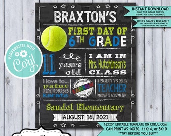 Back to School Sign Editable Template | Tennis First Day 6th Grade Printable Chalkboard Poster | Corjl Instant Download Template | Sixth