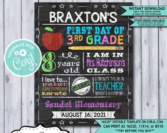 Back to School Sign Editable Template | Apple First Day of 3rd Grade Printable Chalkboard Poster | Corjl Instant Download Template | Third