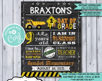 Back to School Sign Editable Template | Construction First Day of 4th Grade Printable Chalkboard Poster | Corjl Instant Download Template