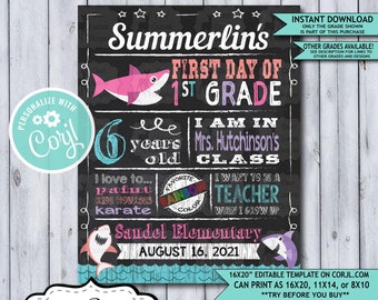 Back to School Sign Editable Template | Baby Shark First Day of 1st Grade Printable Chalkboard Poster | Corjl Instant Download Template