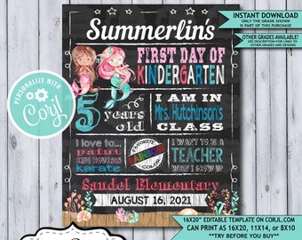 Back to School Sign Editable Template | Mermaids First Day of Kindergarten Printable Chalkboard Poster | Corjl Instant Download Template