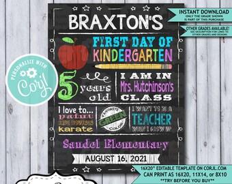 Back to School Sign Editable Template | Apple First Day of Kindergarten Printable Chalkboard Poster | Corjl Instant Download Template