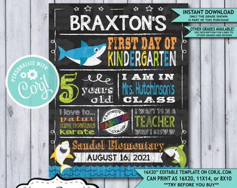 Back to School Sign Editable Template | Baby Shark First Day of Kindergarten Printable Chalkboard Poster | Corjl Instant Download Template