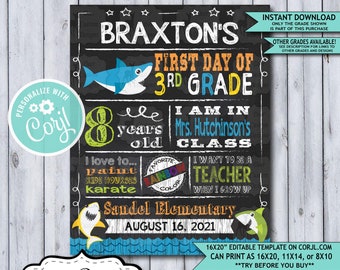 Back to School Sign Editable Template | Baby Shark First Day 3rd Grade Printable Chalkboard Poster | Corjl Instant Download Template | Third