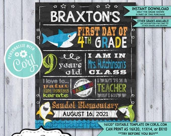 Back to School Sign Editable Template | Baby Shark First Day 4th Grade Printable Chalkboard Poster | Corjl Instant Download | Fourth