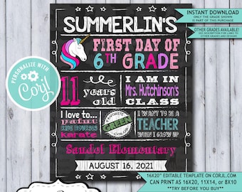 Back to School Sign Editable Template | Unicorn First Day 6th Grade Printable Chalkboard Poster | Corjl Instant Download Template | Sixth