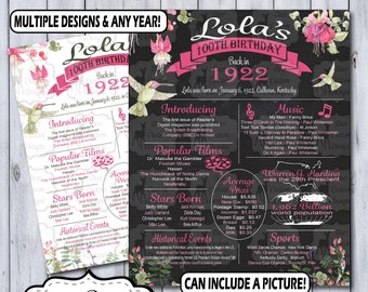 100th Birthday Poster | 100th Anniversary Poster | Floral Chalkboard Poster | 100 Years Ago Sign | Birthday Sign | Anniversary Sign | 1922