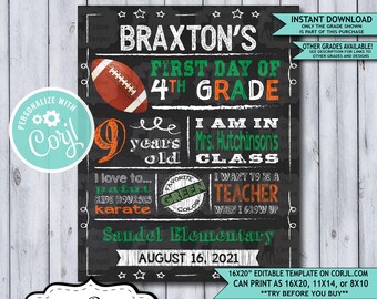 Back to School Sign Editable Template | Football First Day 4th Grade Printable Chalkboard Poster | Corjl Instant Download Template | Fourth