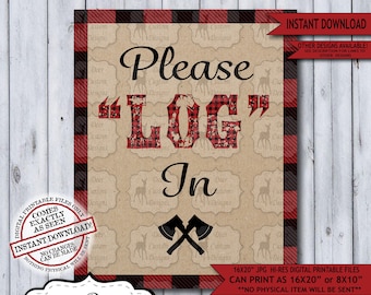 Printable Lumberjack Party Sign | Instant Download | Plaid Party Poster | Boy Birthday Party Decoration | Please Log In Guest Book Sign