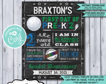Back to School Sign Editable Template | Golf First Day of Pre-K 2 Preschool Printable Chalkboard Poster | Corjl Instant Download Template