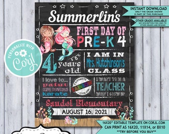 Back to School Sign Editable Template | Mermaid First Day of Preschool Pre-K 4 Printable Chalkboard Poster | Corjl Instant Download Template