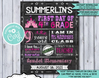 Back to School Sign Editable Template | Princess First Day 4th Grade Printable Chalkboard Poster | Corjl Instant Download Template | Fourth