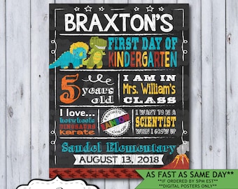 Back to School Sign | First Day School Sign | Printable or Printed Chalkboard Poster | First Day of Kindergarten | Any Grade Dinosaur