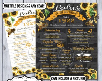 100th Birthday Poster | 100th Anniversary Poster | Floral Sunflower Chalkboard Poster | 100 Years Ago Sign | 1922 Birthday Anniversary Sign