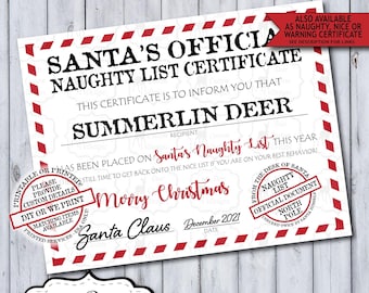Santa Claus Official Naughty List Certificate, Printable or Printed Personalized Santa Mail Behavior Award, Santa Naughty Nice List Warning