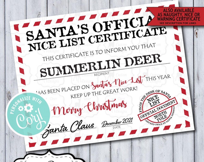 Featured listing image: Santa Claus Official Nice List Certificate, Personalized Santa Mail Corjl Template, Editable Digital Printable Naughty Nice List Warning