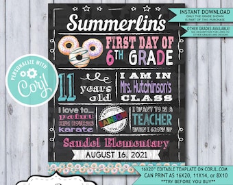 Back to School Sign Editable Template | Donuts First Day 6th Grade Printable Chalkboard Poster | Corjl Instant Download Template | Sixth