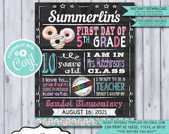 Back to School Sign Editable Template | Donuts First Day 5th Grade Printable Chalkboard Poster | Corjl Instant Download Template | Fifth