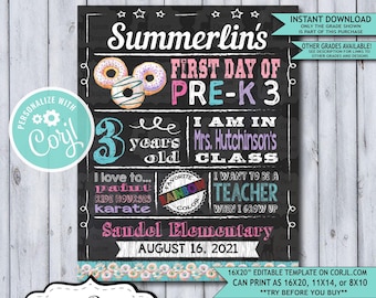 Back to School Sign Editable Template | Donuts First Day of Preschool Pre-K 3 Printable Chalkboard Poster | Corjl Instant Download Template