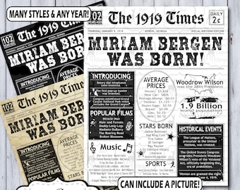 102nd Birthday Poster | 102nd Anniversary Poster | Newspaper Poster | 102 Years Ago Sign | Birthday Sign | Anniversary Sign | 1919