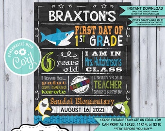 Back to School Sign Editable Template | Baby Shark First Day of 1st Grade Printable Chalkboard Poster | Corjl Instant Download Template