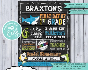 Back to School Sign Editable Template | Baby Shark First Day of 1st Grade Printable Chalkboard Poster | Corjl Instant Download Template