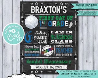 Back to School Sign Editable Template | Golf First Day of 1st Grade Printable Chalkboard Poster | Corjl Instant Download Template