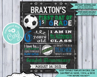 Back to School Sign Editable Template | Soccer First Day of 1st Grade Printable Chalkboard Poster | Corjl Instant Download Template