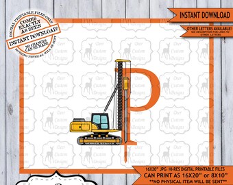 Letter P Print, Construction Vehicles Alphabet Printable Nursery Art Decor, Boys Monogram, Boy Name Baby Shower Gift, Instant Download