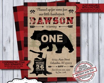 Little Lumberjack 1st Birthday Invitation | Rustic Woodland Plaid Flannel First Birthday Invite for a Boy | Printable or Printed Any Age