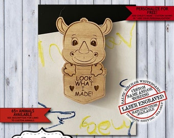 Wooden Rhino Child Artwork Magnet | Personalized Kids Fridge Art Magnet | Laser Engraved Look What I Made School Display Magnet Gift