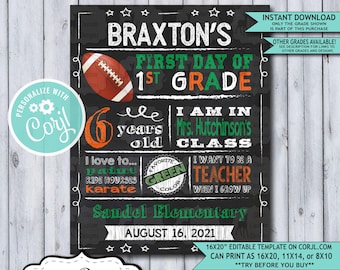 Back to School Sign Editable Template | Football First Day of 1st Grade Printable Chalkboard Poster | Corjl Instant Download Template