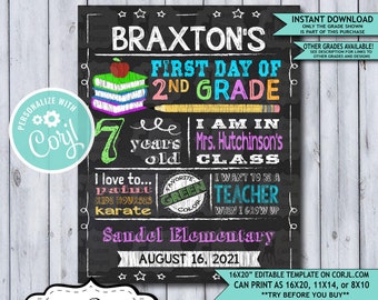 Back to School Sign Editable Template | Books First Day of 2nd Grade Printable Chalkboard Poster | Corjl Instant Download Template | Second