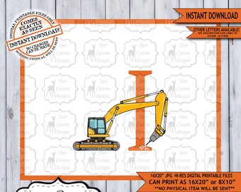 Letter I  Print, Construction Vehicles Alphabet Printable Nursery Art Decor, Boys Monogram, Boy Name Baby Shower Gift, Instant Download