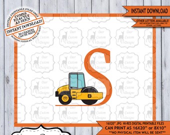 Letter S Print, Construction Vehicles Alphabet Printable Nursery Art Decor, Boys Monogram, Boy Name Baby Shower Gift, Instant Download