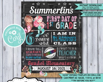 Back to School Sign Editable Template | Mermaids Ocean First Day of 1st Grade Printable Chalkboard Poster | Corjl Instant Download Template