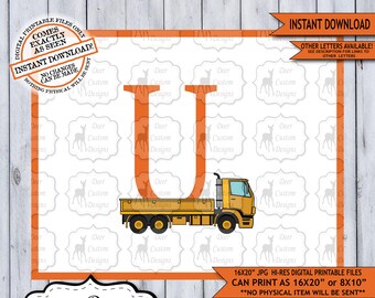 Letter U Print, Construction Vehicles Alphabet Printable Nursery Art Decor, Boys Monogram, Boy Name Baby Shower Gift, Instant Download