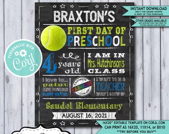 Back to School Sign Editable Template | Tennis First Day of Preschool Printable Chalkboard Poster | Corjl Instant Download Template