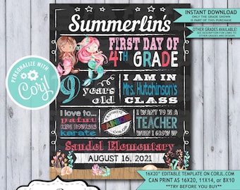 Back to School Sign Editable Template | Mermaids Ocean First Day 4th Grade Printable Chalkboard Poster | Corjl Instant Download | Fourth