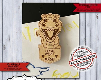 Wooden T-Rex Child Artwork Magnet | Personalized Kids Fridge Art Magnet | Laser Engraved Look What I Made School Display Magnet Gift