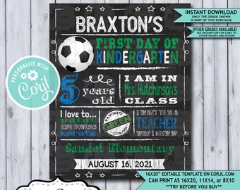 Back to School Sign Editable Template | Soccer First Day of Kindergarten Printable Chalkboard Poster | Corjl Instant Download Template